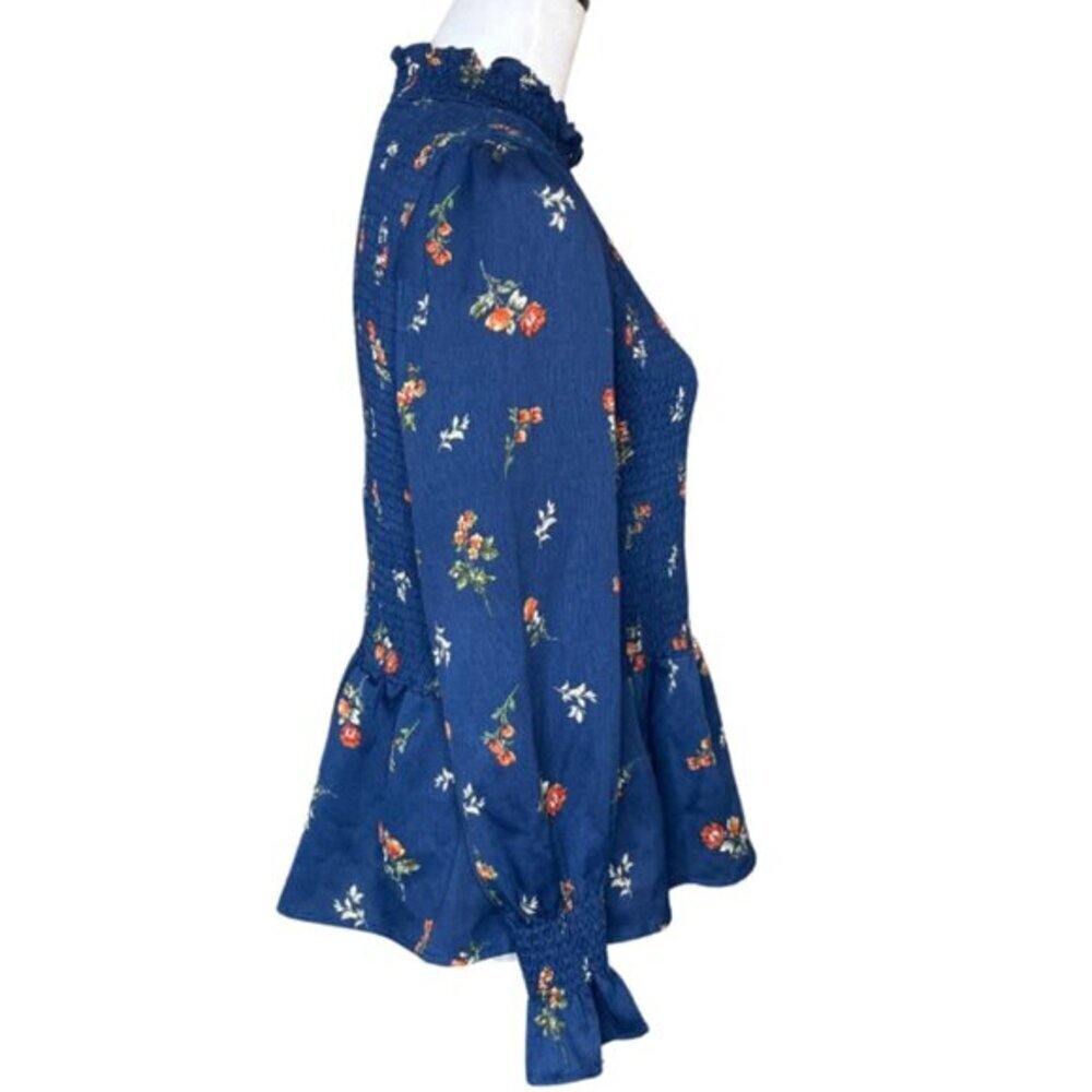 Mary & Mo Dark Coquette Smocked Floral Blouse - Navy Mock Neck Peplum Sz S - Picture 4 of 7